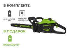 Цепная пила аккумуляторная Greenworks GD60CS25 (60В, 2хАКБ 5Ач и ЗУ) 40см