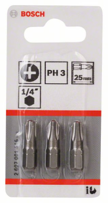 Набор из 3 насадок-бит с крестовым шлицем Philips Extra-Hart PH3*25мм DIN3126-C6.3, BOSCH
