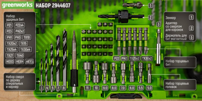 Набор сверл, бит и коронок Greenworks в кейсе, 90 предметов Набор сверл, бит и коронок Greenworks в кейсе, 90 предметов