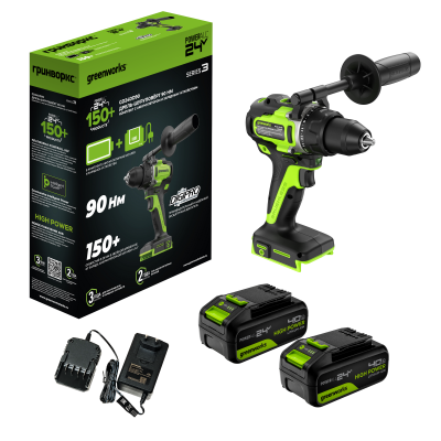 Дрель-шуруповерт аккумуляторная Greenworks GD24DD90 (24В, 2хАКБ 4Ач и ЗУ)