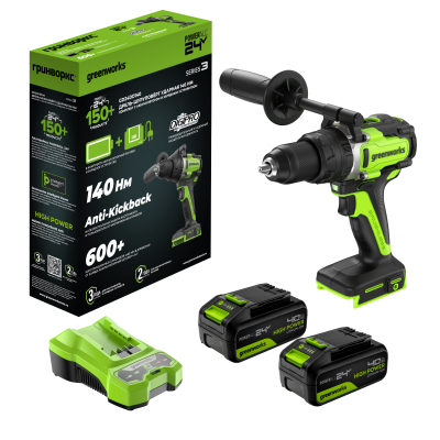 Дрель-шуруповерт ударная аккумуляторная Greenworks GD24DD140 (24В, 2хАКБ 4Ач и ЗУ)