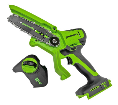 Цепная мини пила аккумуляторная Greenworks G24MCS10 (24В, 1хАКБ 4Ач и ЗУ) 10см