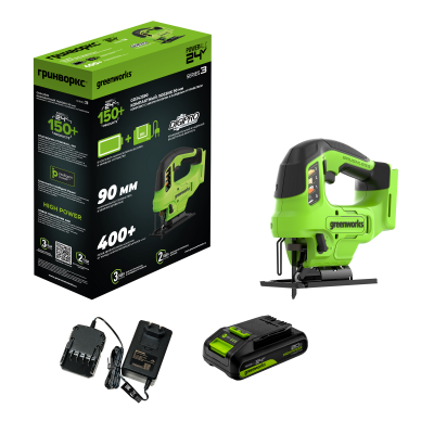 Лобзик аккумуляторный Greenworks GD24JS90 (24В, 1хАКБ 2Ач и ЗУ)