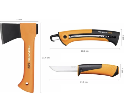 Топор туристический X5 XXS FISKARS + пила + универсальный нож (комплект)