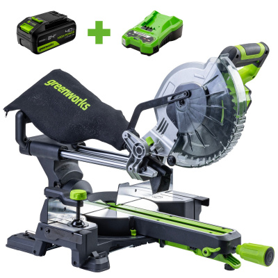 Пила торцовочная Greenworks GD24MS216 с протяжкой (24В, 1хАКБ 4Ач и ЗУ)