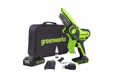 Цепная мини пила аккумуляторная Greenworks G24MCS10 (24В, 1хАКБ 4Ач и ЗУ) 10см