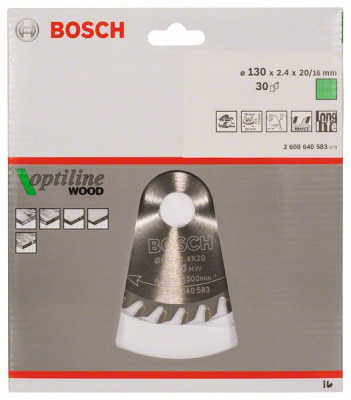 Диск пильный для циркулярок 130х20(16)мм 30Т OptilineWood (древесина), BOSCH
