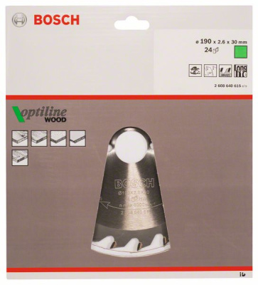 Диск пильный для циркулярок 190х30мм 24Т OptilineWood (древесина), BOSCH